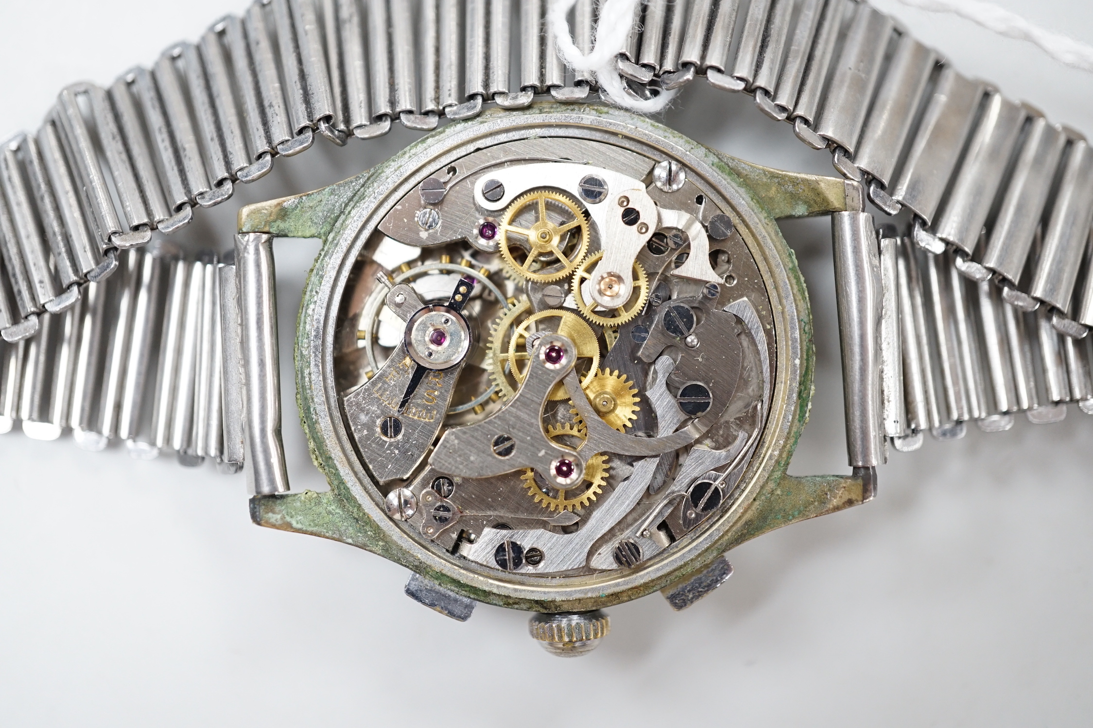 A gentleman's 1950's? stainless steel Leonidas chronograph manual wind wrist watch, case diameter 35mm, on a stainless steel bracelet